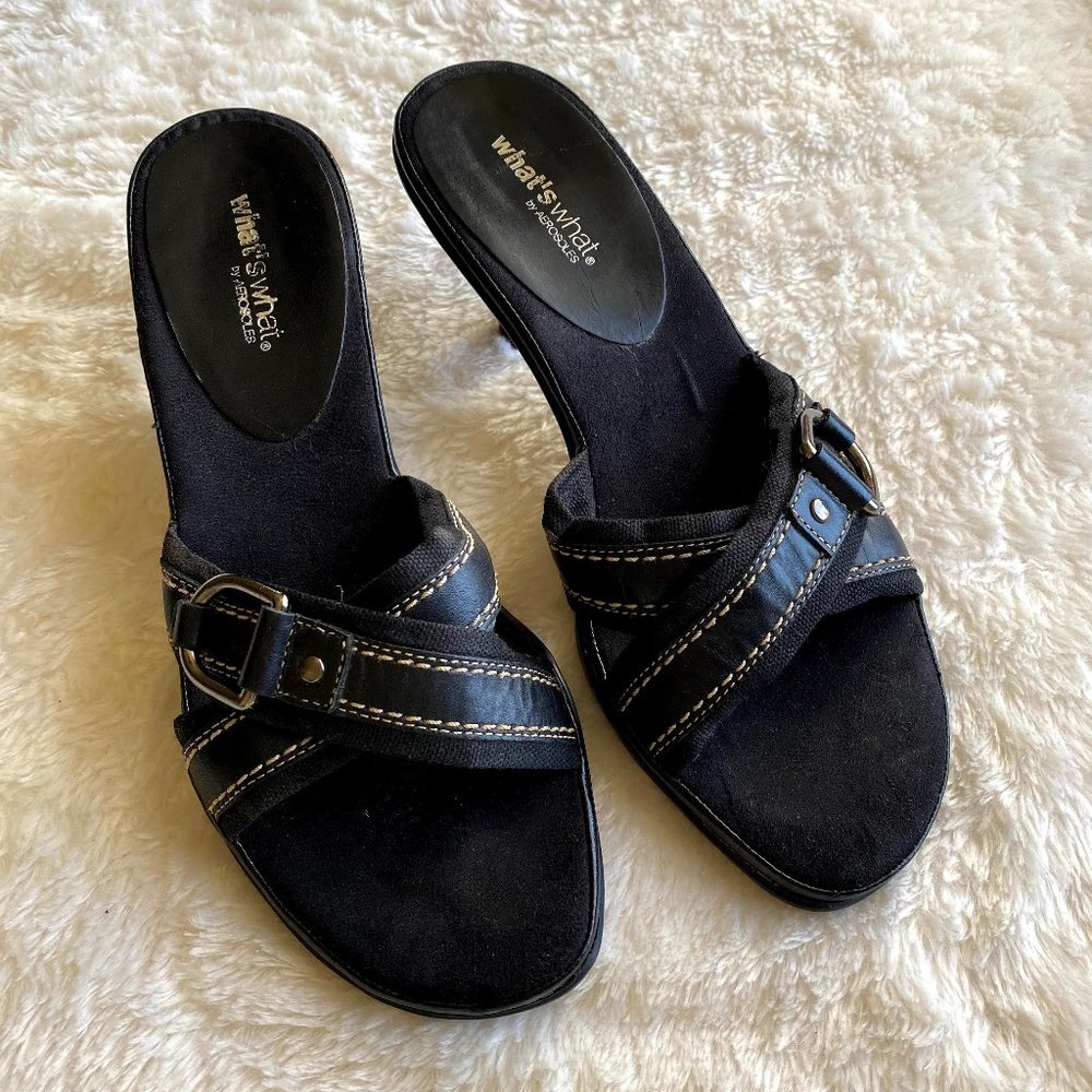 What's What sz:7.5 Brown Leather Faux Buckle Heels